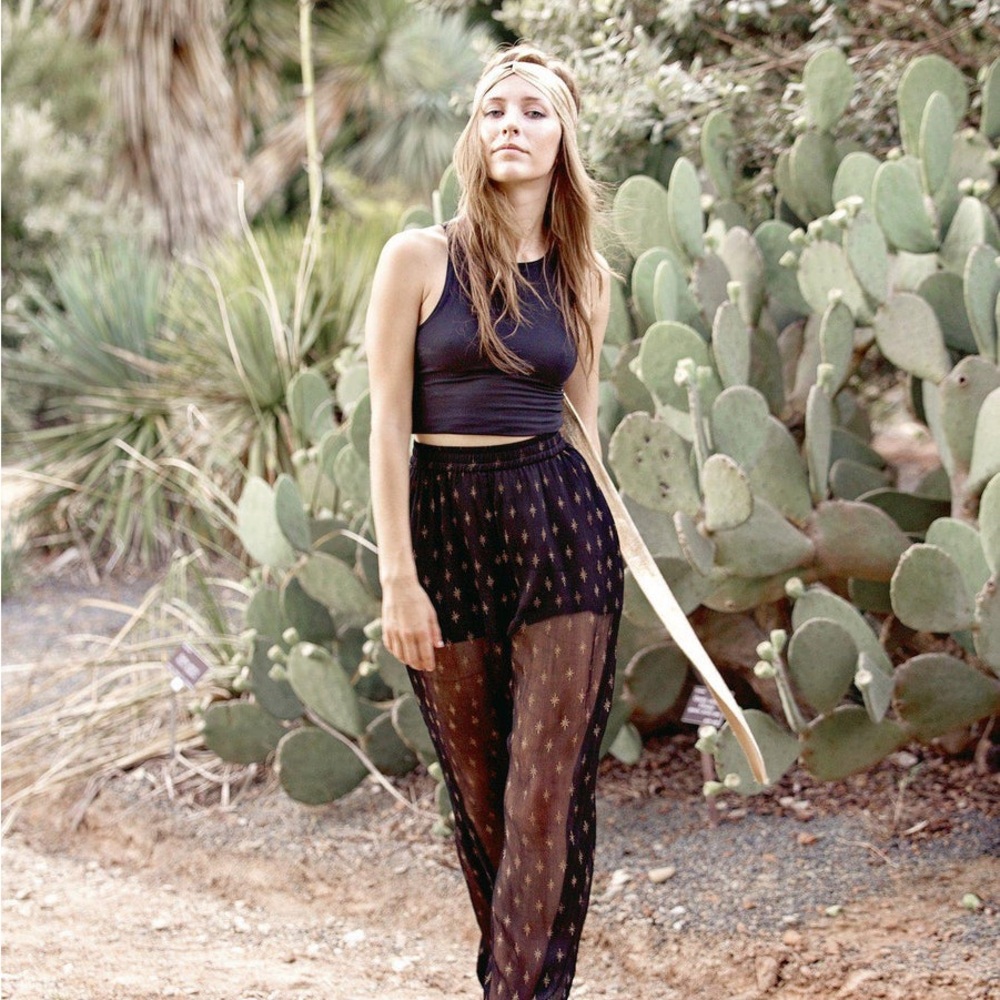 Symbology Chiffon Trousers in Black & Gold Pointed Star